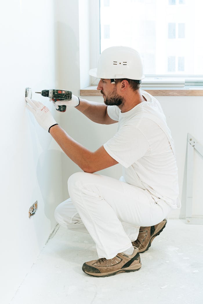 journey A construction worker wearing a helmet uses a drill to install a wall outlet inside an apartment.